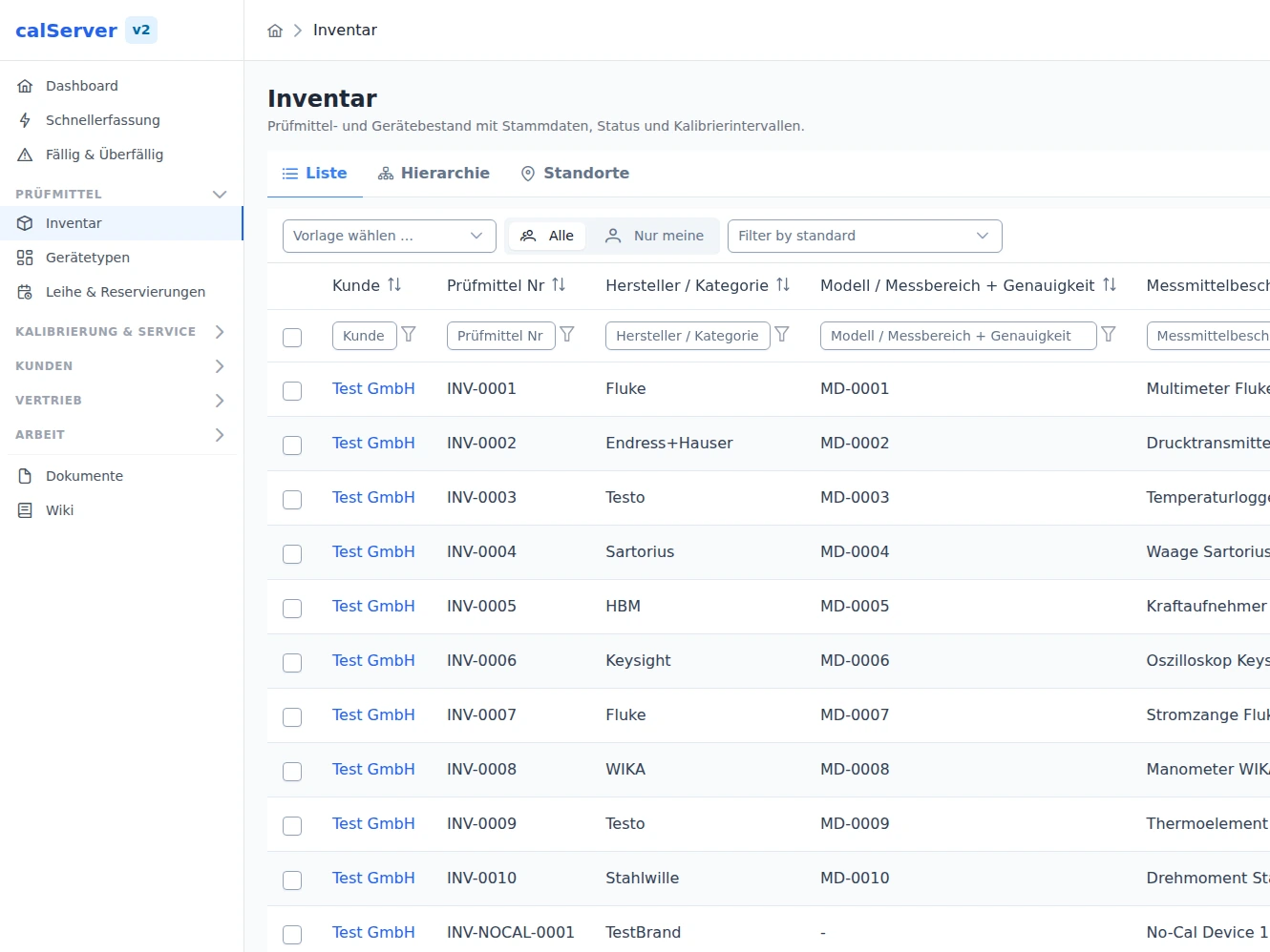 calServer Inventarliste mit Kunde, Prüfmittelnummer, Hersteller und Modell je Prüfmittel