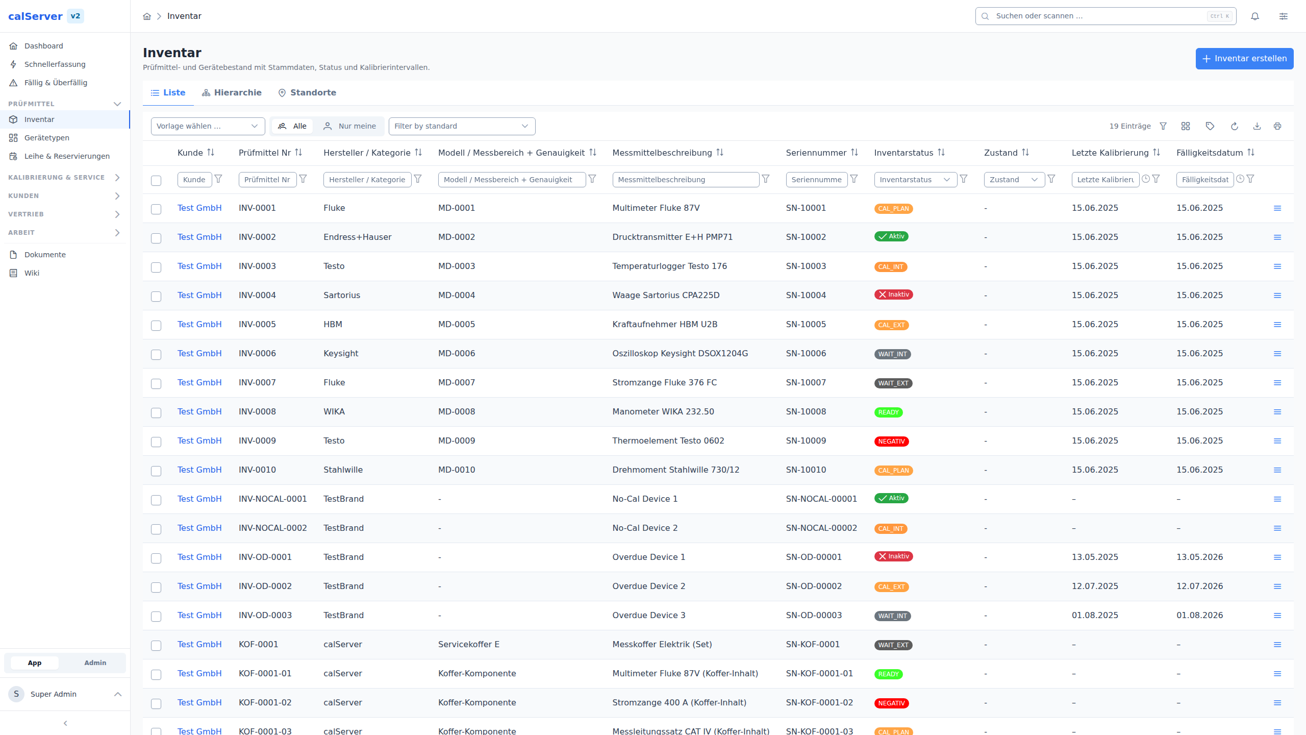calServer Inventarliste mit Prüfmittelnummer, Hersteller, Inventarstatus und Fälligkeitsdatum