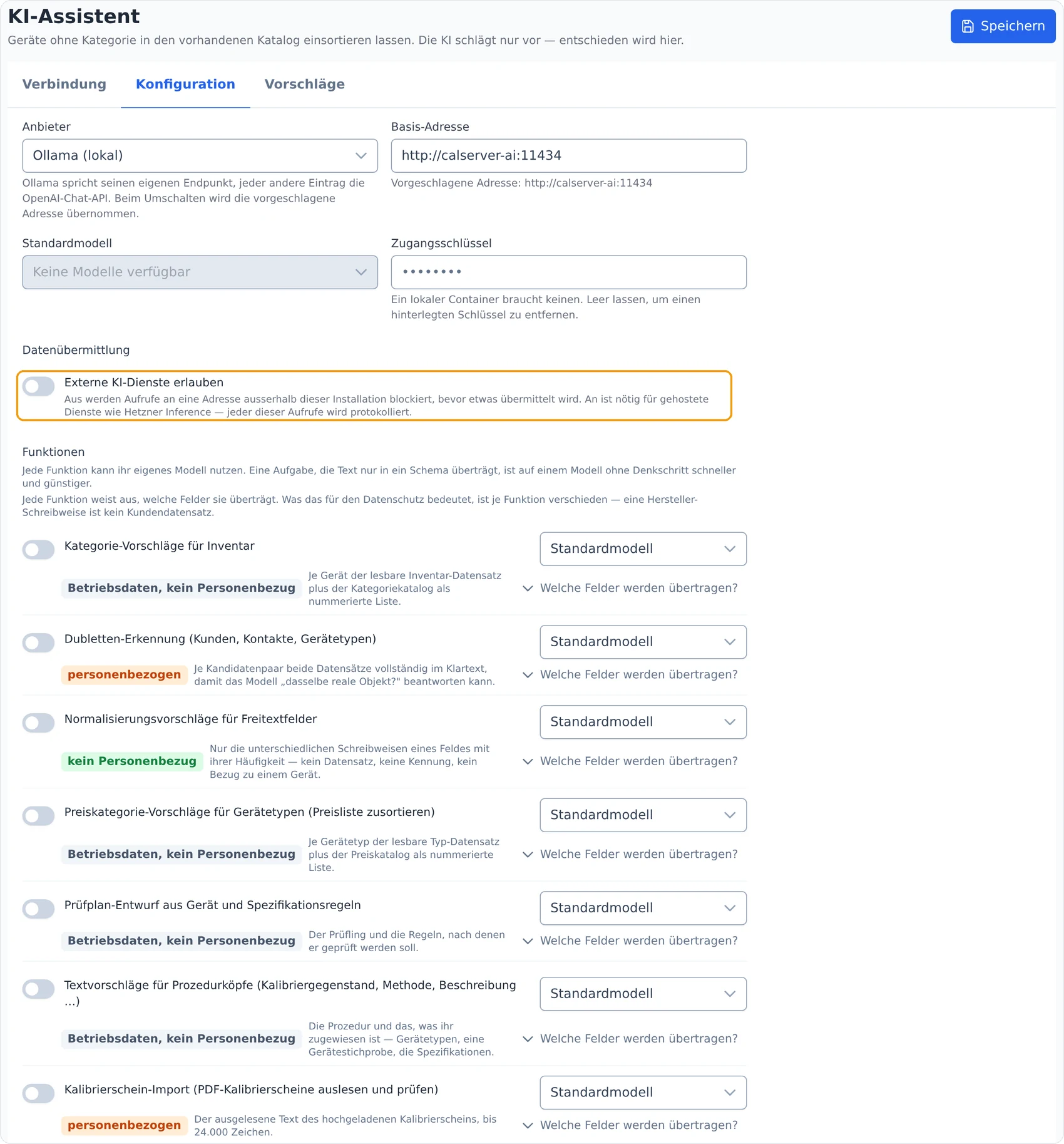 calServer Administration KI-Assistent: Anbieterwahl Ollama lokal, abgeschalteter Schalter für externe KI-Dienste und sieben einzeln abschaltbare KI-Funktionen mit eigener Modellwahl und Datenschutz-Einstufung je Funktion