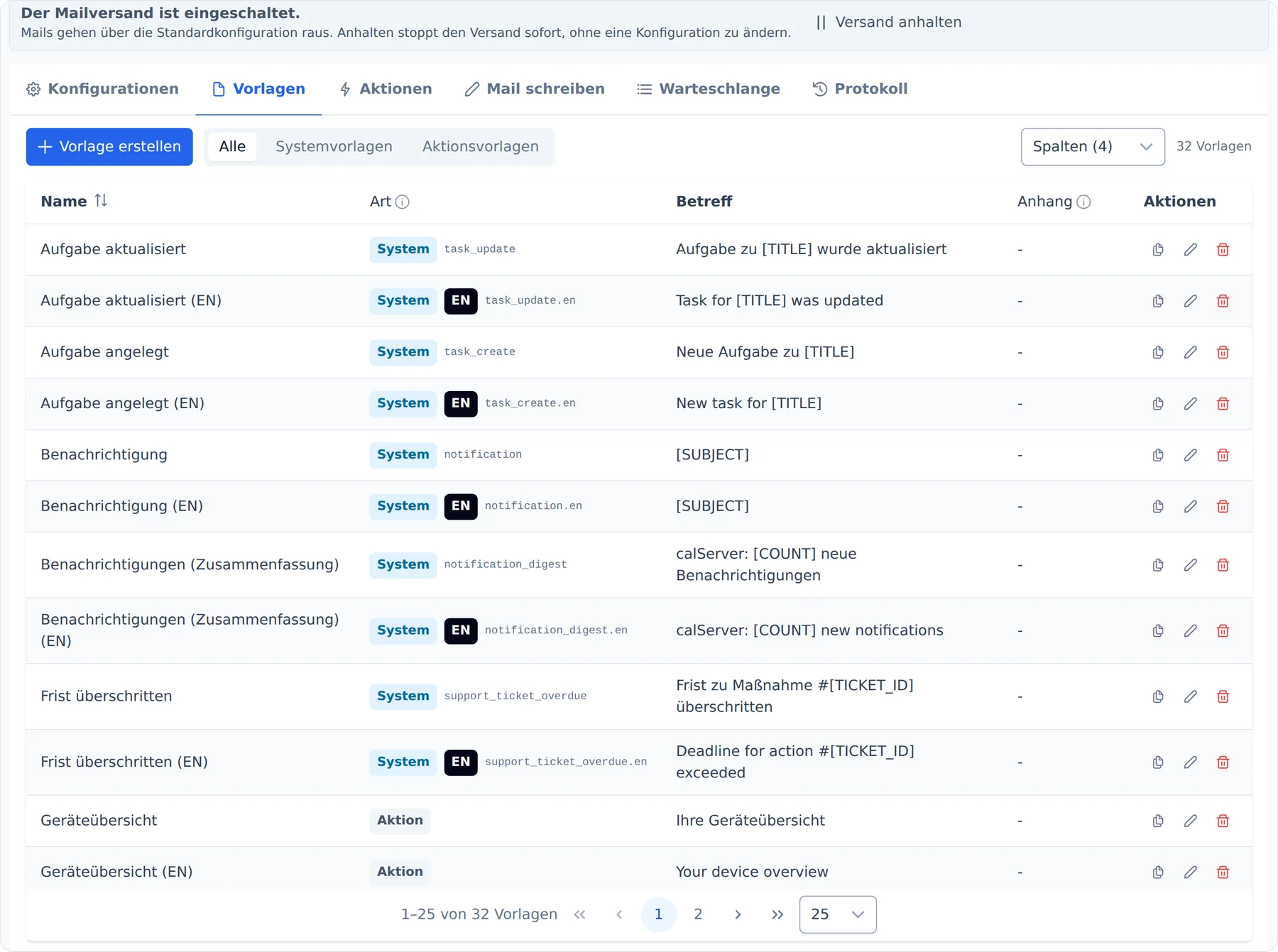 E-Mail-Verwaltung in calServer, Reiter Vorlagen: 32 mitgelieferte Vorlagen mit Vorlagenschlüssel, Sprachkennzeichen und Betreffzeile mit Platzhaltern aus dem Datensatz.