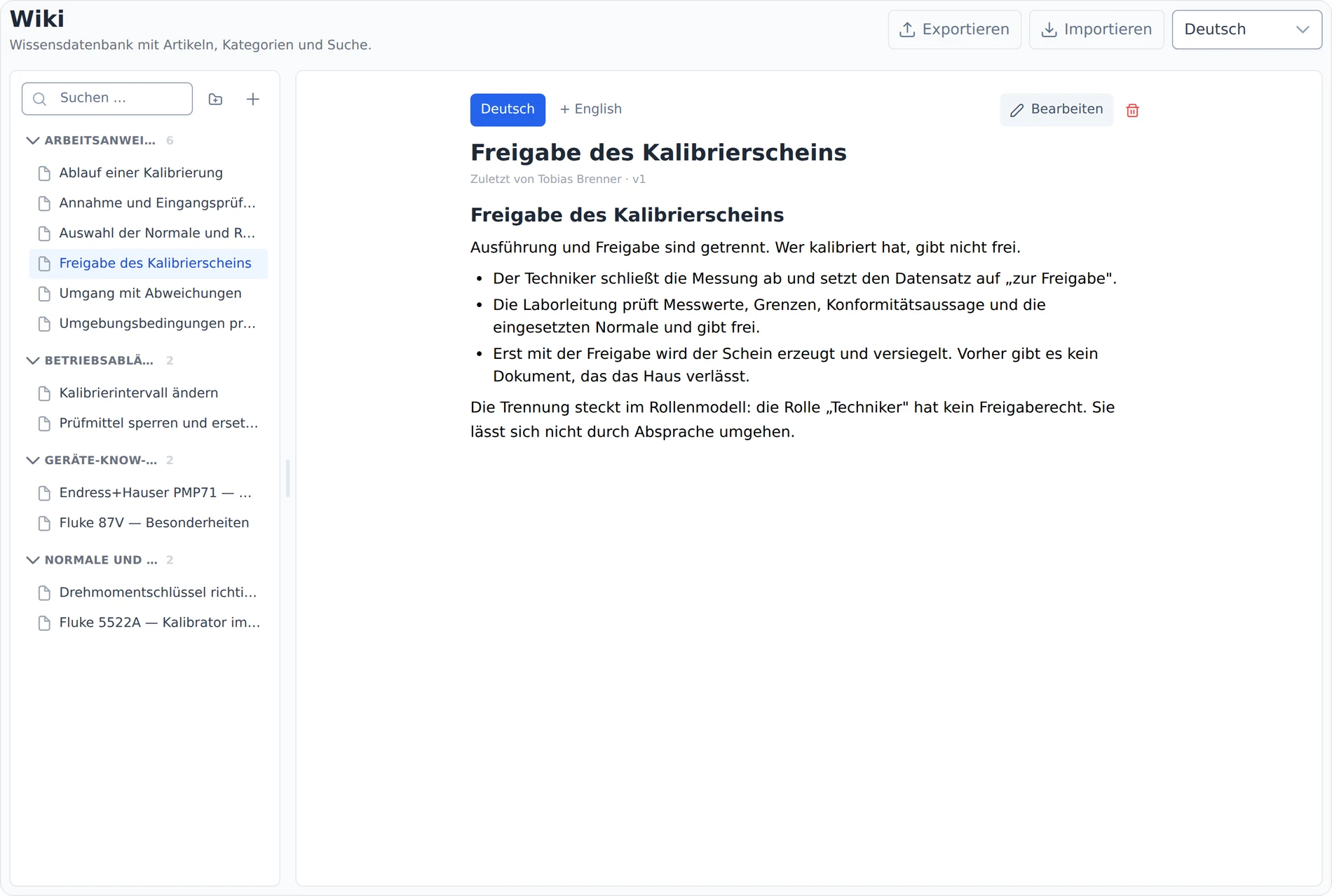 Das Wiki in calServer: links der Seitenbaum mit Arbeitsanweisungen, Betriebsabläufen und Geräte-Know-how, rechts die geöffnete Arbeitsanweisung zur Freigabe des Kalibrierscheins.